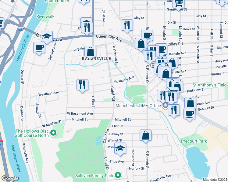 map of restaurants, bars, coffee shops, grocery stores, and more near 329 Calef Road in Manchester