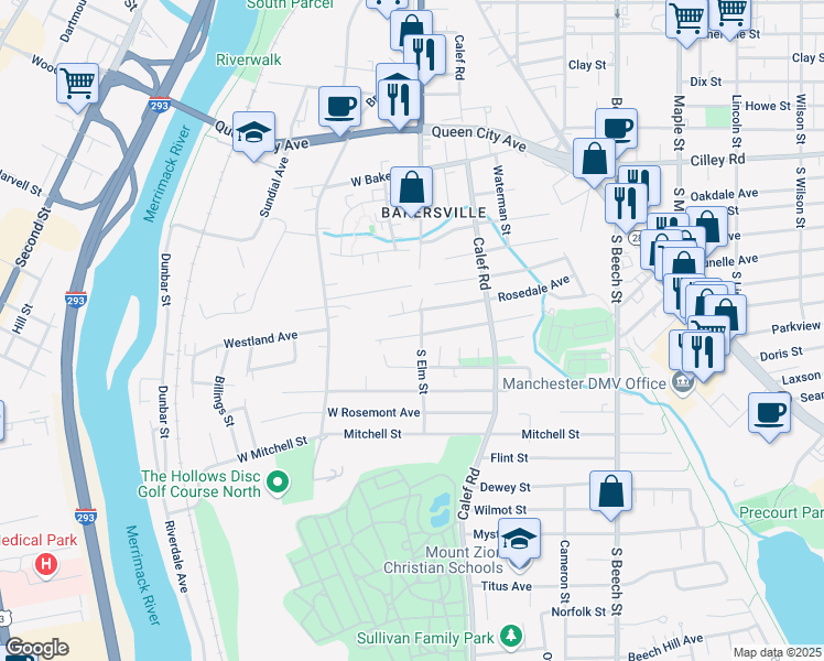 map of restaurants, bars, coffee shops, grocery stores, and more near 286 South Elm Street in Manchester