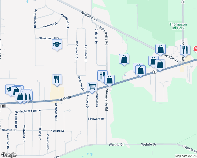map of restaurants, bars, coffee shops, grocery stores, and more near 8880 Main Street in Williamsville