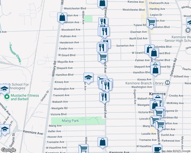 map of restaurants, bars, coffee shops, grocery stores, and more near 257 Kinsey Avenue in Buffalo