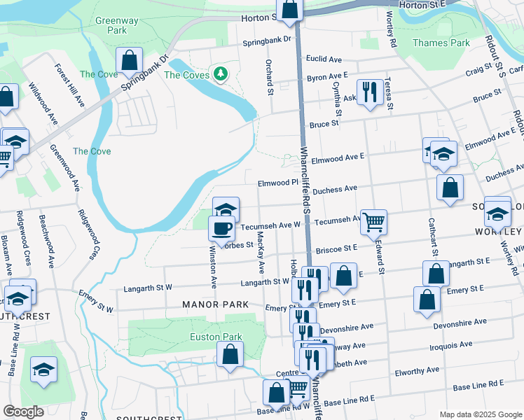 map of restaurants, bars, coffee shops, grocery stores, and more near 34 Tecumseh Avenue West in London