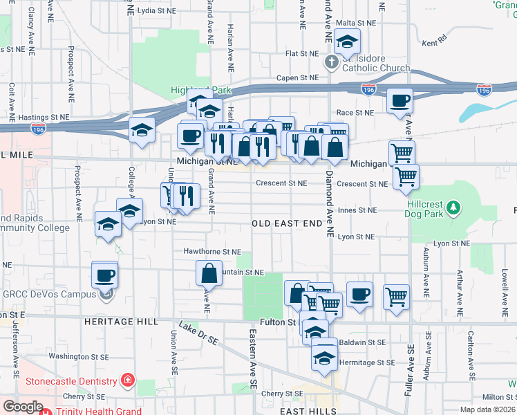 map of restaurants, bars, coffee shops, grocery stores, and more near 827 Lyon Street Northeast in Grand Rapids