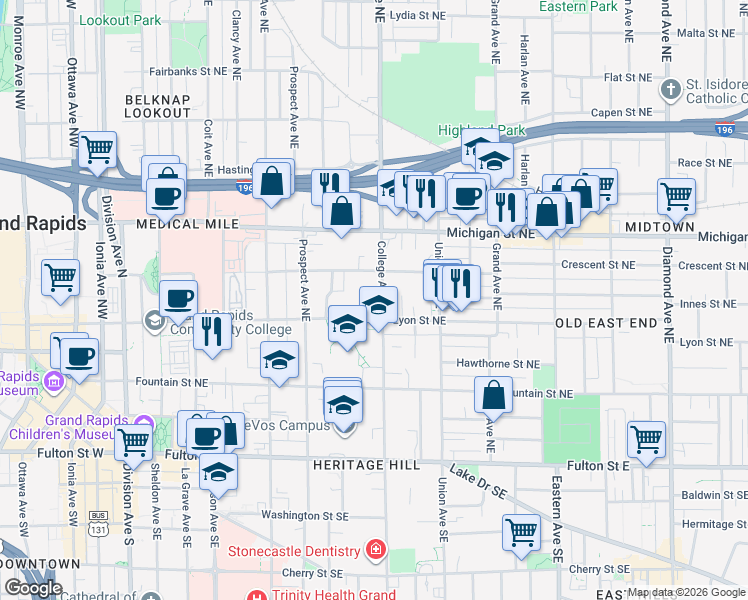 map of restaurants, bars, coffee shops, grocery stores, and more near 201 College Avenue Northeast in Grand Rapids