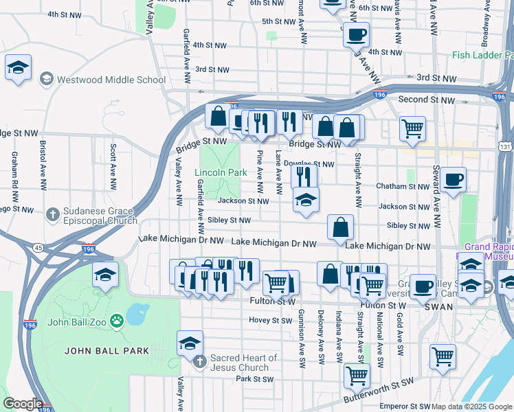map of restaurants, bars, coffee shops, grocery stores, and more near 206 Pine Avenue Northwest in Grand Rapids