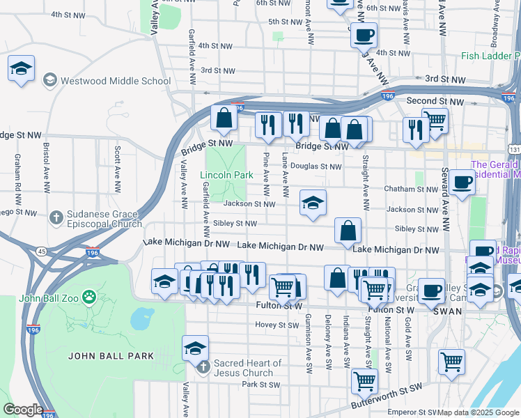 map of restaurants, bars, coffee shops, grocery stores, and more near 206 Pine Avenue Northwest in Grand Rapids