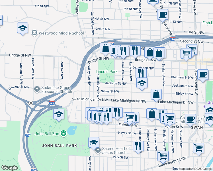 map of restaurants, bars, coffee shops, grocery stores, and more near 1137 Sibley Street Northwest in Grand Rapids