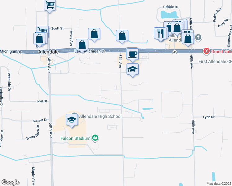 map of restaurants, bars, coffee shops, grocery stores, and more near 10920 64th Avenue in Allendale Charter Township