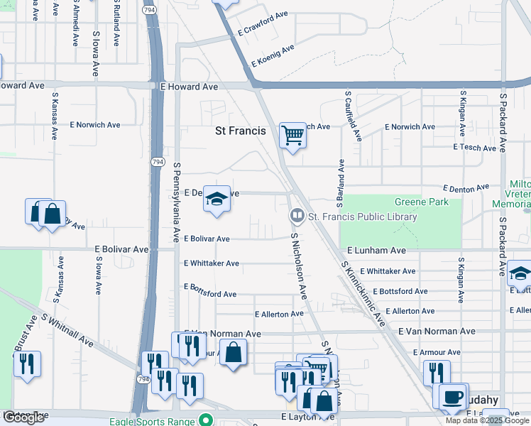 map of restaurants, bars, coffee shops, grocery stores, and more near 4220 South Vermont Court in Saint Francis