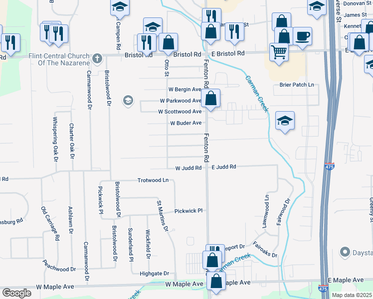 map of restaurants, bars, coffee shops, grocery stores, and more near 1047 West Schumacher Avenue in Flint