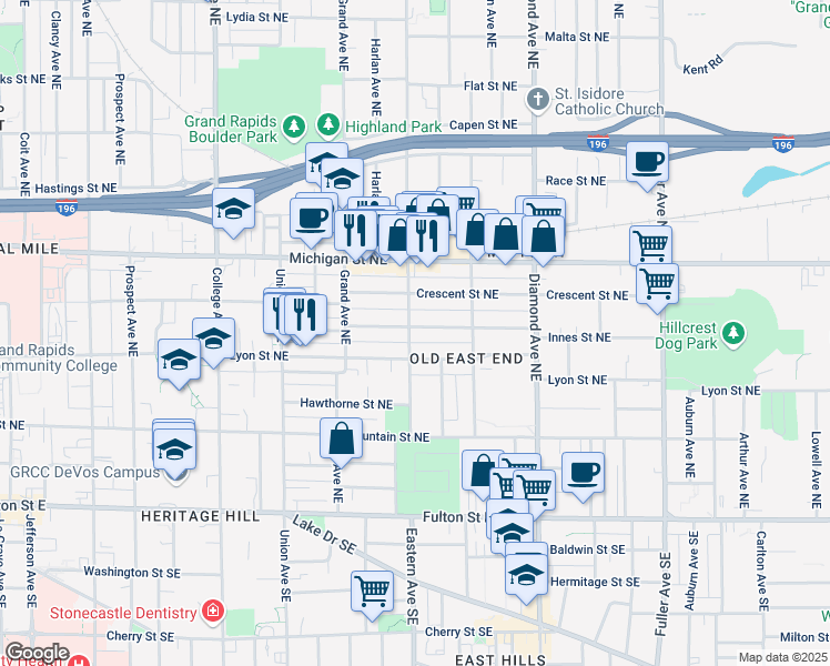 map of restaurants, bars, coffee shops, grocery stores, and more near 224 Eastern Avenue Northeast in Grand Rapids