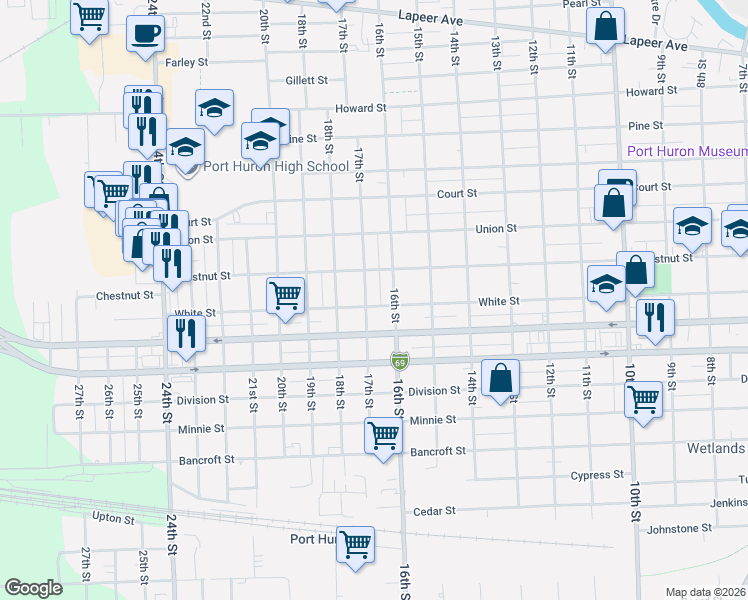 map of restaurants, bars, coffee shops, grocery stores, and more near 1509 16th Street in Port Huron