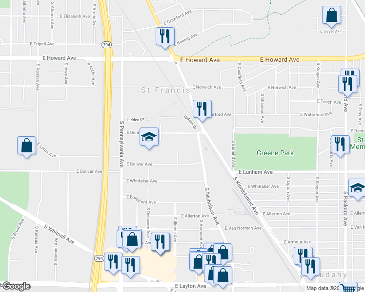 map of restaurants, bars, coffee shops, grocery stores, and more near 4200 South Vermont Court in St. Francis