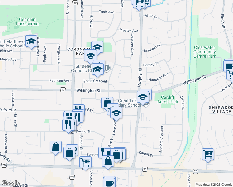 map of restaurants, bars, coffee shops, grocery stores, and more near in Sarnia