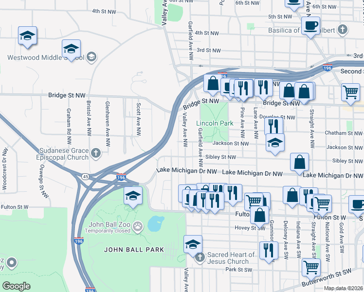 map of restaurants, bars, coffee shops, grocery stores, and more near 223 Valley Avenue Northwest in Grand Rapids