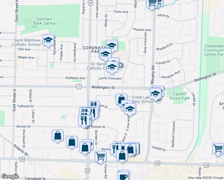 map of restaurants, bars, coffee shops, grocery stores, and more near 362 Elsfield Crescent in Sarnia