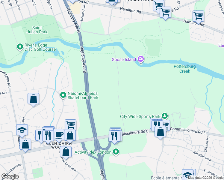 map of restaurants, bars, coffee shops, grocery stores, and more near 101 Meadowlily Road South in London
