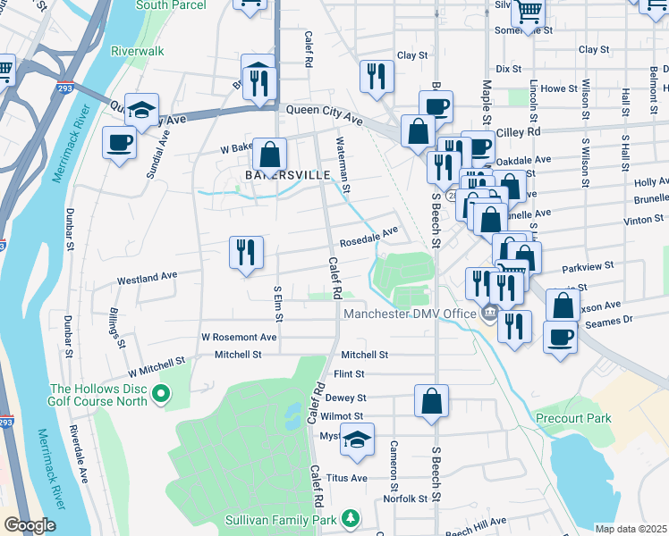 map of restaurants, bars, coffee shops, grocery stores, and more near 329 Calef Road in Manchester