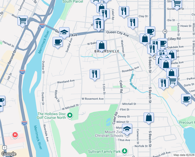 map of restaurants, bars, coffee shops, grocery stores, and more near 52 West Elmhurst Avenue in Manchester