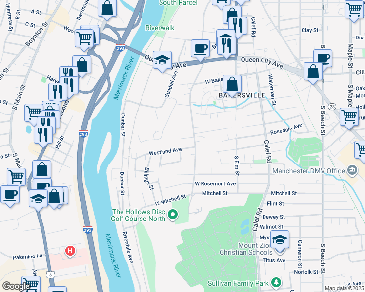 map of restaurants, bars, coffee shops, grocery stores, and more near 34 Westland Avenue in Manchester