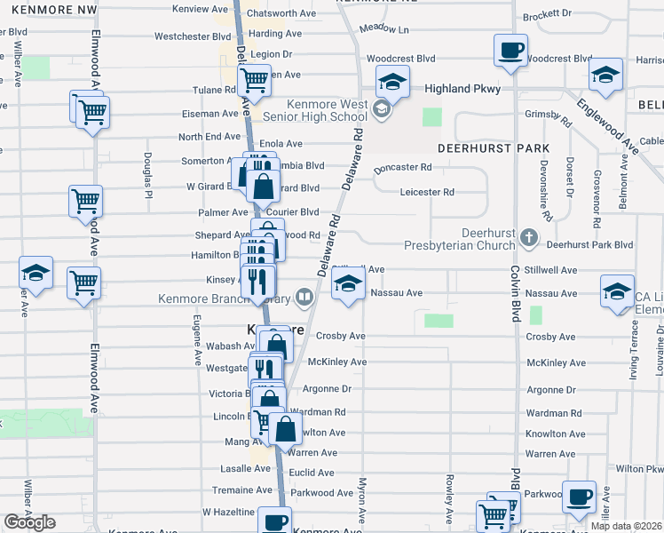 map of restaurants, bars, coffee shops, grocery stores, and more near 24 Nassau Avenue in Buffalo