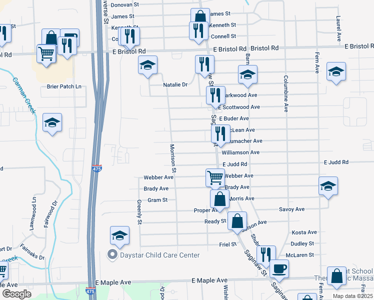 map of restaurants, bars, coffee shops, grocery stores, and more near 1467 East Judd Road in Burton