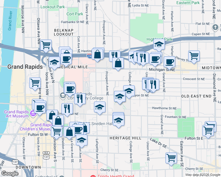 map of restaurants, bars, coffee shops, grocery stores, and more near 335 Lyon Street Northeast in Grand Rapids