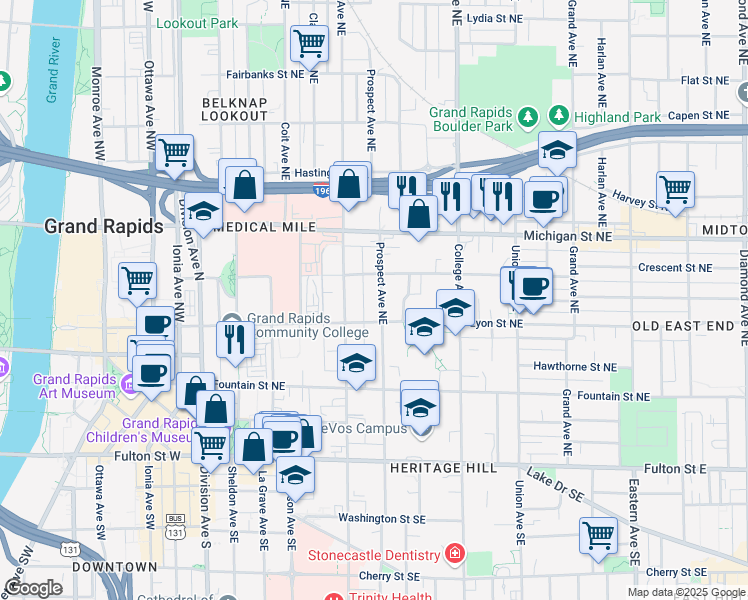 map of restaurants, bars, coffee shops, grocery stores, and more near 335 Lyon Street Northeast in Grand Rapids