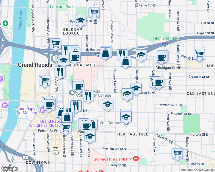 map of restaurants, bars, coffee shops, grocery stores, and more near 201 Lafayette Avenue Northeast in Grand Rapids