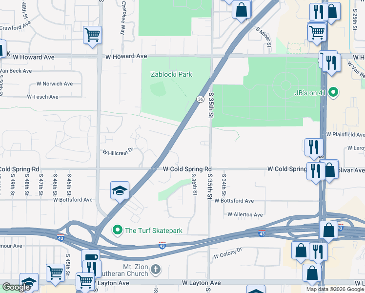 map of restaurants, bars, coffee shops, grocery stores, and more near 4223 Ridgewood Lane in Greenfield