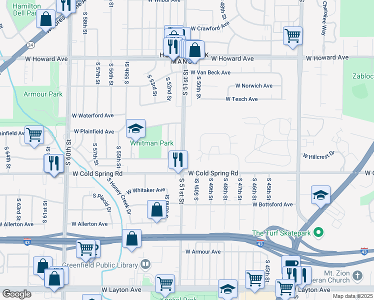 map of restaurants, bars, coffee shops, grocery stores, and more near 4244 South 51st Street in Milwaukee