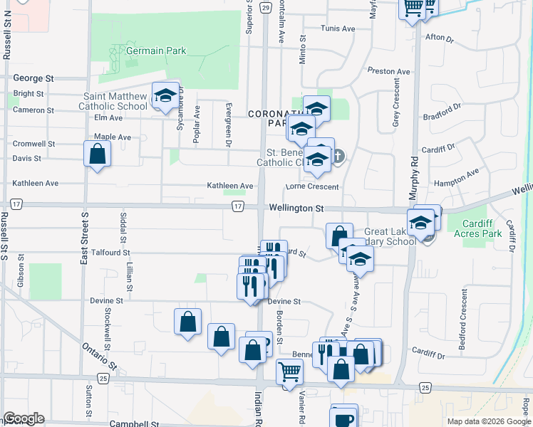 map of restaurants, bars, coffee shops, grocery stores, and more near 915 Wellington Street in Sarnia