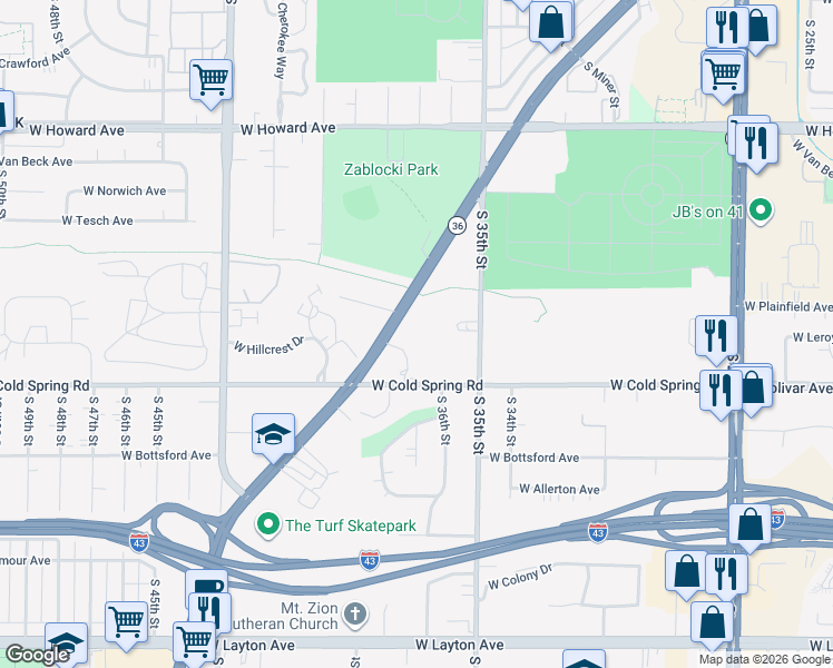 map of restaurants, bars, coffee shops, grocery stores, and more near 4223 Ridgewood Lane in Greenfield