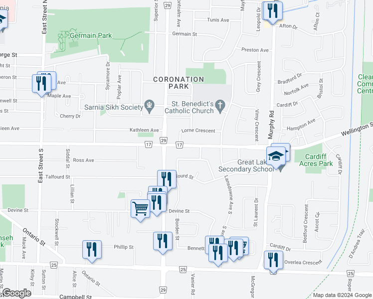 map of restaurants, bars, coffee shops, grocery stores, and more near 949 Wellington Street in Sarnia