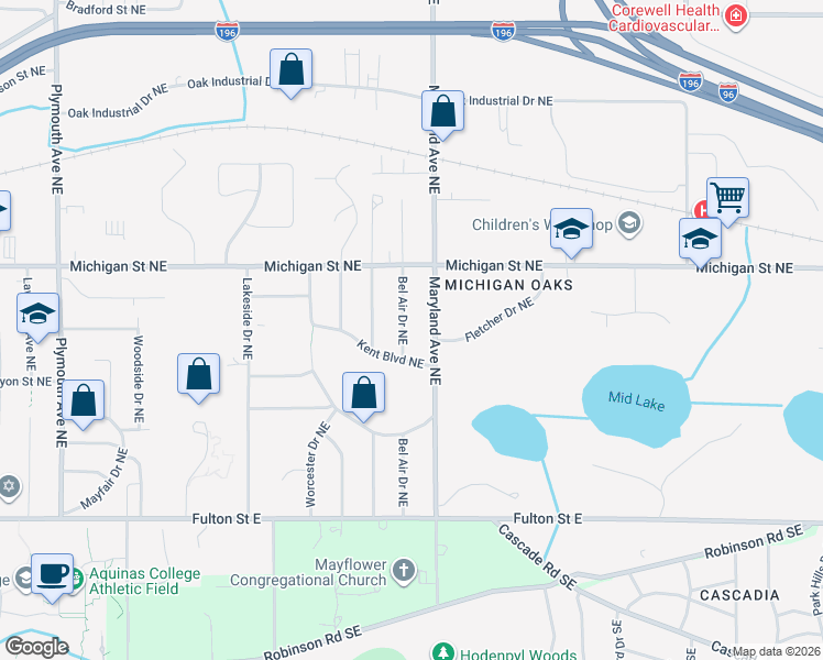 map of restaurants, bars, coffee shops, grocery stores, and more near 2375 Kent Boulevard Northeast in Grand Rapids