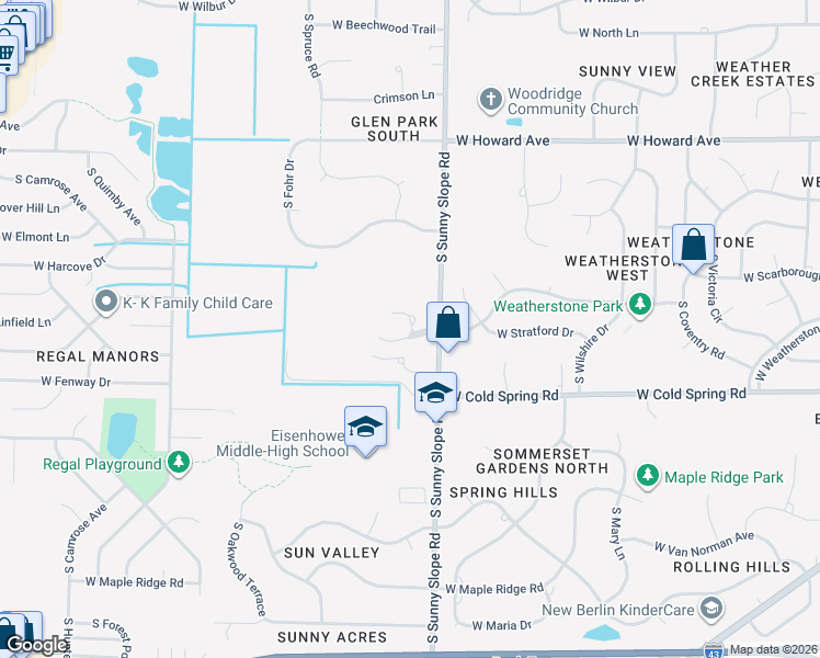 map of restaurants, bars, coffee shops, grocery stores, and more near 4177 South Sunny Slope Road in New Berlin