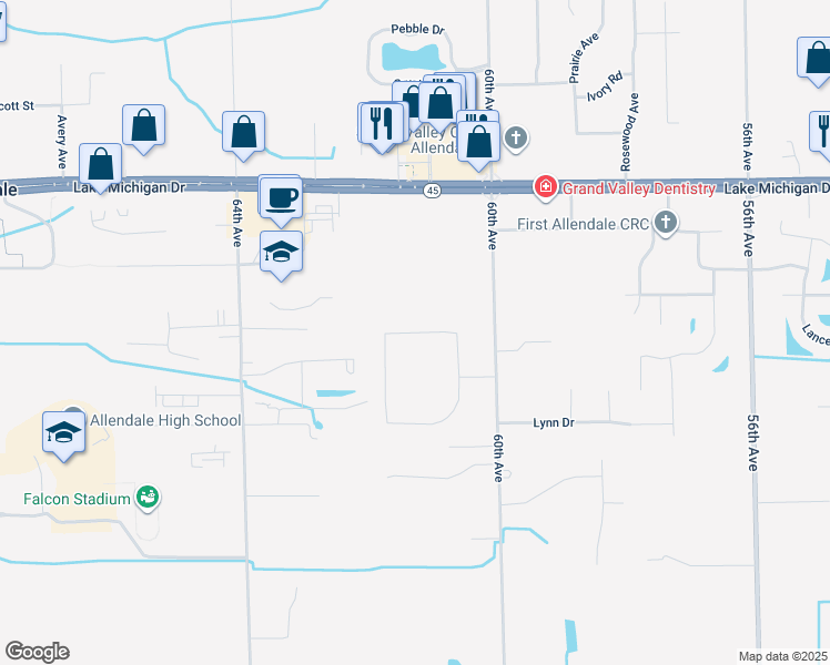 map of restaurants, bars, coffee shops, grocery stores, and more near 6138 Lake Michigan Drive in Allendale Charter Township