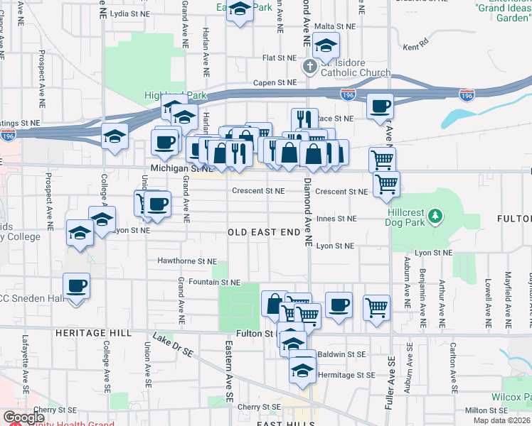 map of restaurants, bars, coffee shops, grocery stores, and more near 206 Houseman Avenue Northeast in Grand Rapids