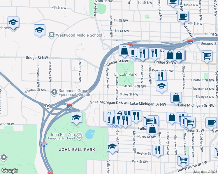 map of restaurants, bars, coffee shops, grocery stores, and more near 228 Valley Avenue Northwest in Grand Rapids