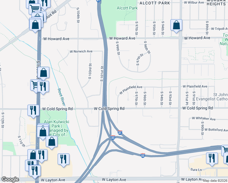 map of restaurants, bars, coffee shops, grocery stores, and more near 4235 South 99th Street in Greenfield