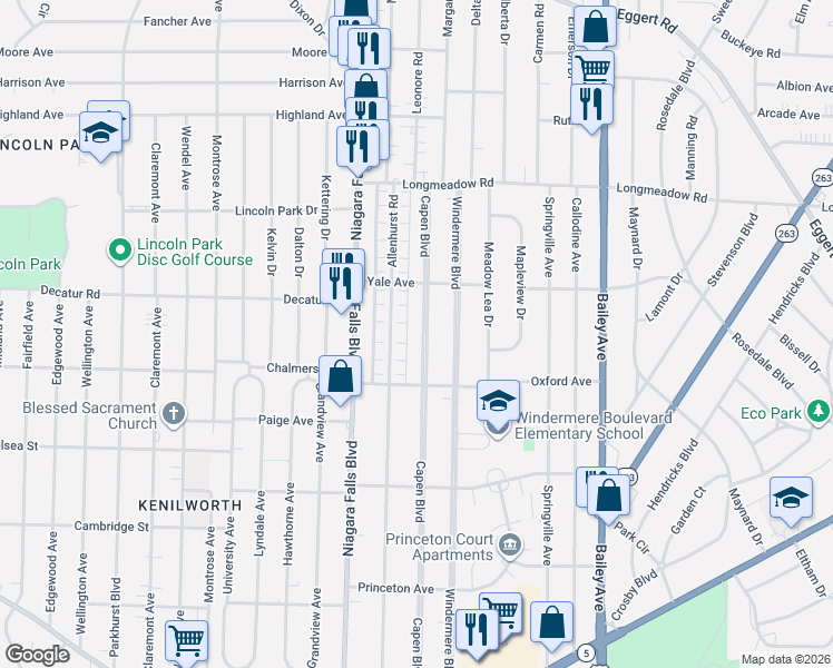 map of restaurants, bars, coffee shops, grocery stores, and more near 409 Capen Boulevard in Buffalo