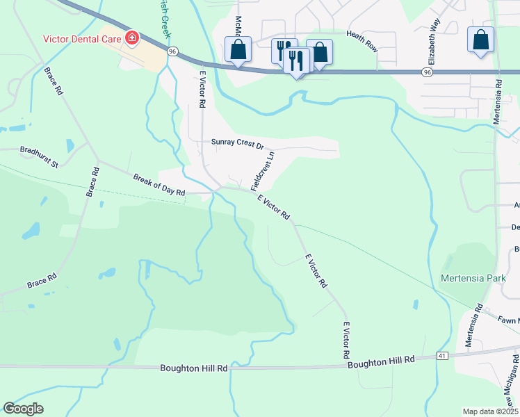 map of restaurants, bars, coffee shops, grocery stores, and more near 1394 East Victor Road in Victor