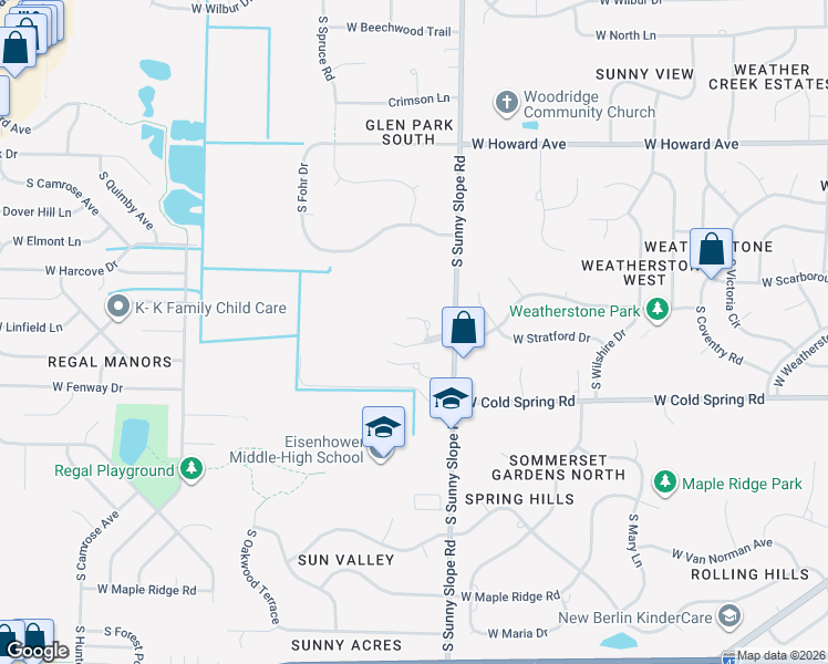 map of restaurants, bars, coffee shops, grocery stores, and more near 4177 South Sunny Slope Road in New Berlin