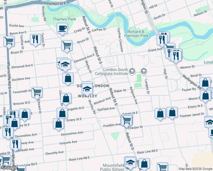 map of restaurants, bars, coffee shops, grocery stores, and more near 285 Briscoe Street East in London