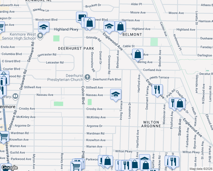 map of restaurants, bars, coffee shops, grocery stores, and more near 342 Nassau Avenue in Buffalo