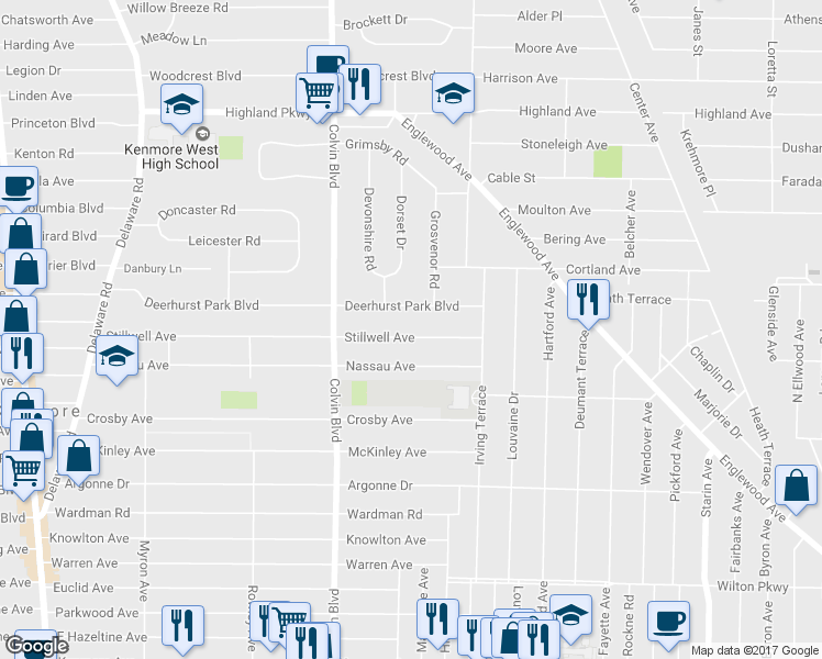 map of restaurants, bars, coffee shops, grocery stores, and more near 342 Nassau Avenue in Buffalo