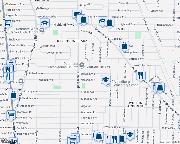 map of restaurants, bars, coffee shops, grocery stores, and more near 302 Nassau Avenue in Buffalo
