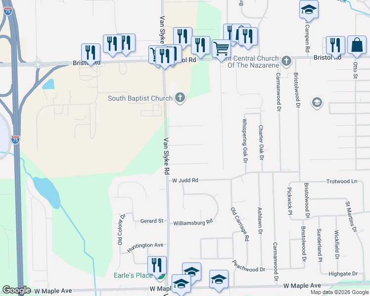 map of restaurants, bars, coffee shops, grocery stores, and more near 1480 Ronnie Street in Flint