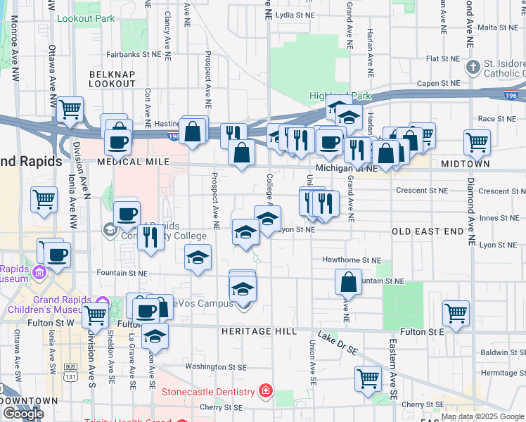 map of restaurants, bars, coffee shops, grocery stores, and more near 201 College Avenue Northeast in Grand Rapids
