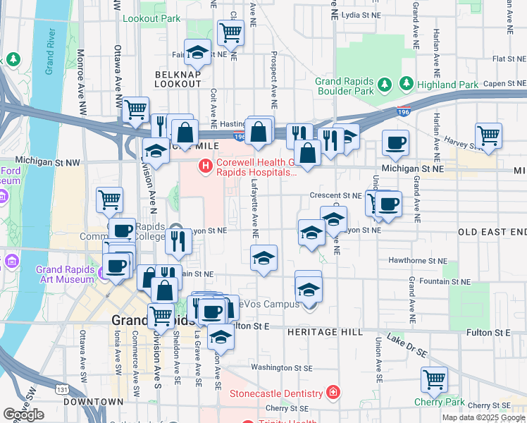 map of restaurants, bars, coffee shops, grocery stores, and more near 201 Lafayette Avenue Northeast in Grand Rapids