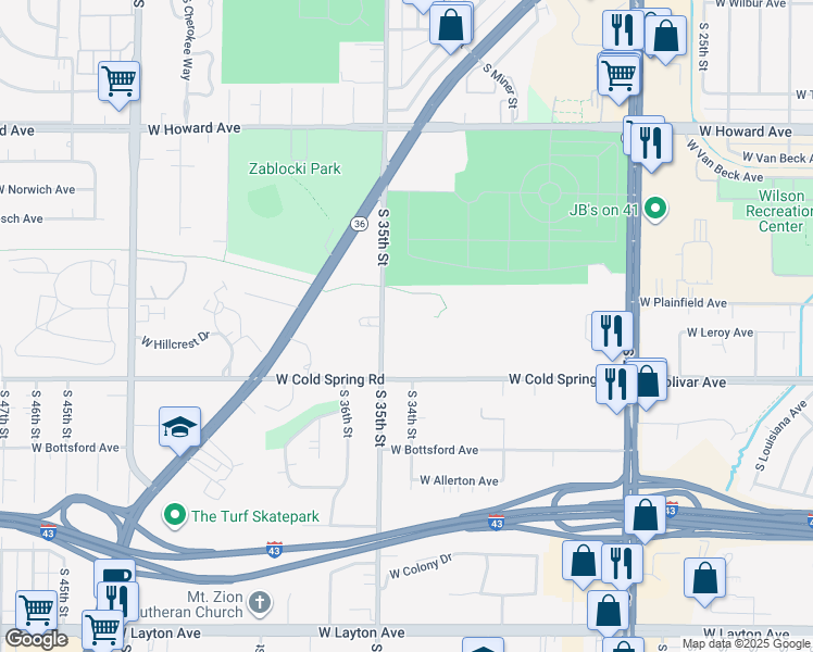 map of restaurants, bars, coffee shops, grocery stores, and more near 3308 West Cold Spring Road in Greenfield
